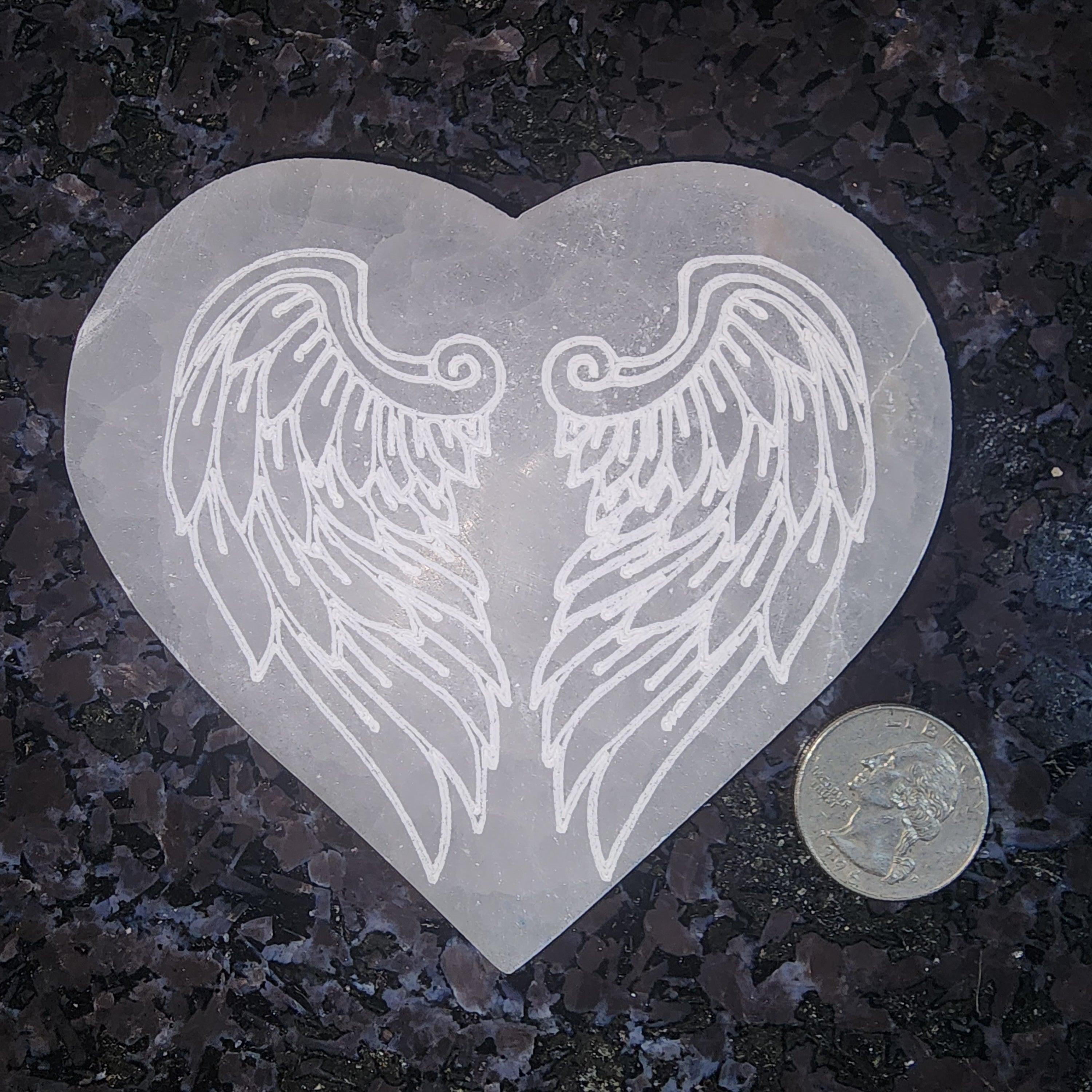 Etched Wing Selenite Heart Charging Plate - Classic Variable